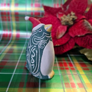 Green and Red Santa Pagan Penguin Figurine Ceramic Animal Totem Porcelain Bird Sculpture Whimsical Tribal Art