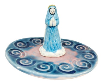 Our Lady Whimsical Madonna Miniature Ceramic Mary Tiny Queen of Heaven on a Cloud