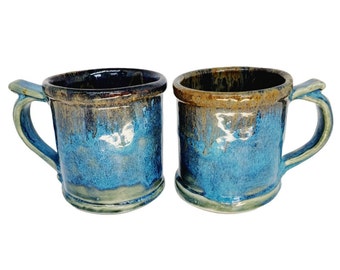 Variegated Blues and Sepia Coffee Mugs Ceramic Handmade Large Set of Two Wedding Gifts Anniversary