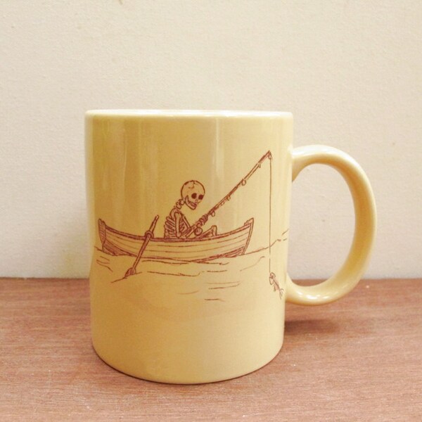 Skeleton Coffee Cup, Ceramic Humorous Die Hard Fishing Mug