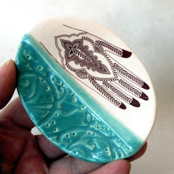 Henna Hand Ceramic Dish Spoon and Tea Bag Rest Teal Porcelain Tiny Collectible for Kitchen Decor Gift for Foodie