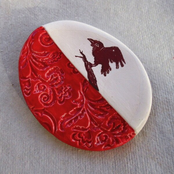 Happy Crow Tea Bag Holder Red and White Collectible Spoon Rest Ceramic  Ring Dish Raven Porcelain Home Decor Gift