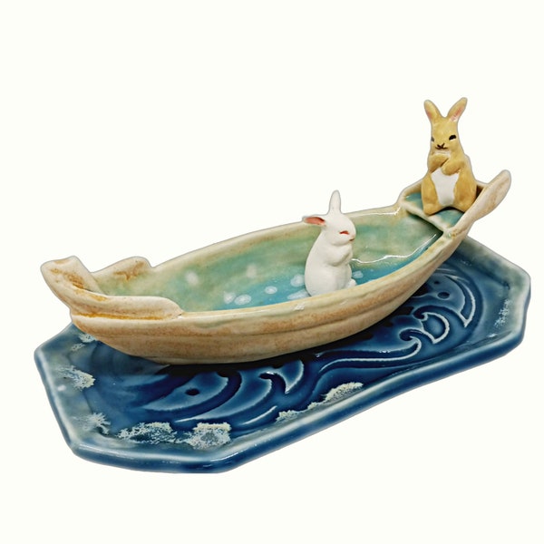 Bunnies in a Boat Sculpture Whimsical  Ceramic Pottery Fine Art