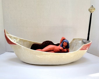 Dream Boat Sculpture With Reclining Red Lady