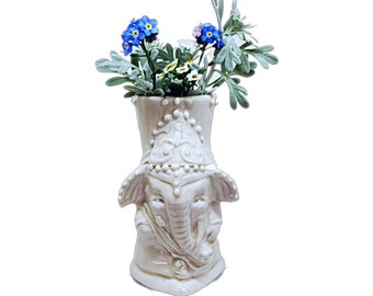 White Porcelain Elephant Vase Miniature Art Vessel Sculpture Figure