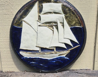 Ceramic Ship Plate Original  Relief Boat Tile Sculpture