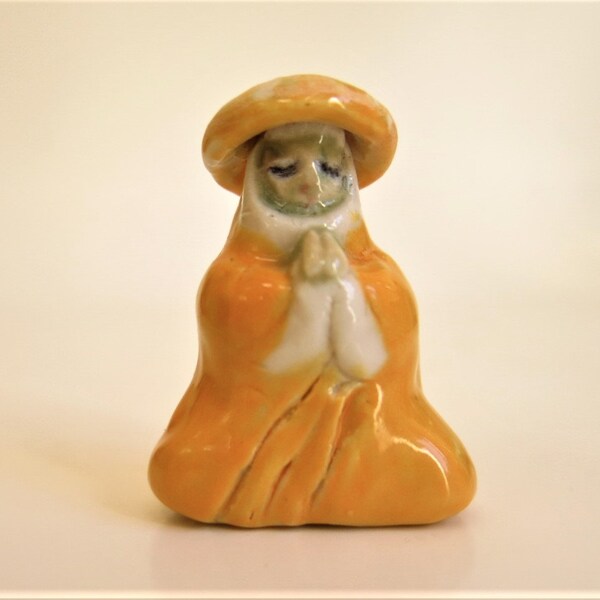 Yellow Namaste Lady Ceramic Miniature Figurine Little Meditation Folk Art