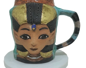 Hathor Egyptian Goddess Face Porcelain Cup Mug Handmade