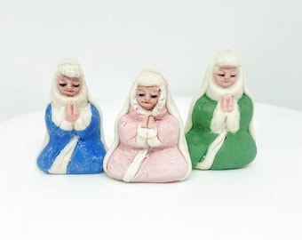 Namaste Granny in Pink, Green or Blue and White Robes Ceramic Miniature Figurine Little Meditation Grandma Rustic Primitive Art