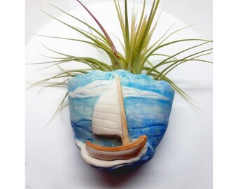 Miniature Porcelain Sail Boat Air Plant Holder Wall Hanging Sculpture Ceramic Pot