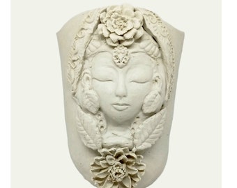 Face Vase Bisque Porcelain Unique Sculpture Wall Hanging Fine Art Quan Yin or Garden Goddess
