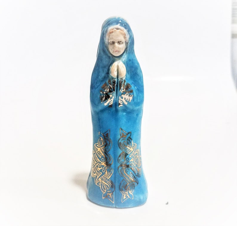Religous Sculpture White Gold and Blue Madonna Miniature Folk image 0