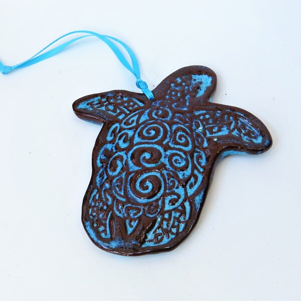 Turtle Ornament Turquoise Blue Tortoise Stoneware