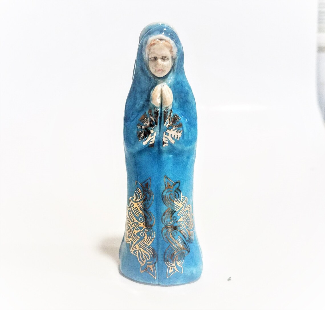 Religous Sculpture White Gold and Blue Madonna Miniature Folk image 3