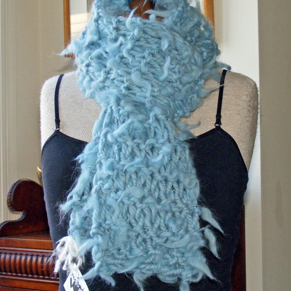 TUFTED WOOLY ROBINS EGG BLUE SCARF - FUN FLUFFY LIGHTWEIGHT LONG