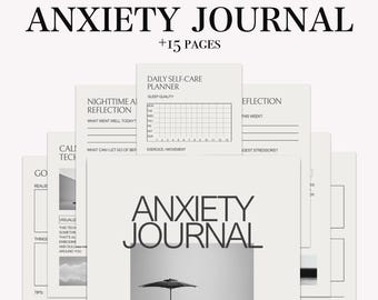 Può includere: Un insieme di pagine di colore chiaro con le parole "ANXIETY JOURNAL" e "+15 PAGES" in alto. Le pagine del diario includono suggerimenti per l'autoriflessione e un pianificatore quotidiano di cura di sé. La copertina presenta un design minimalista.