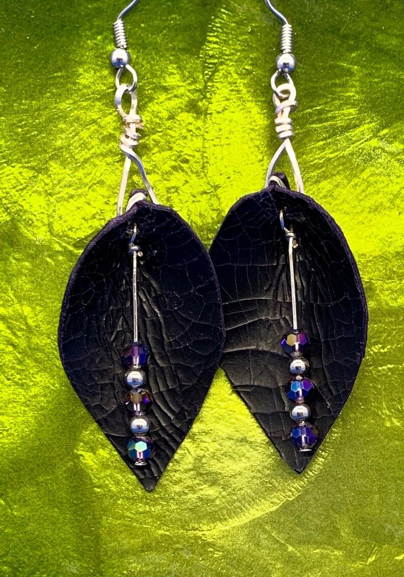Details about   Dark Purple Embossed Genuine Leather Leaf Earrings--Sterling Silver Hooks 