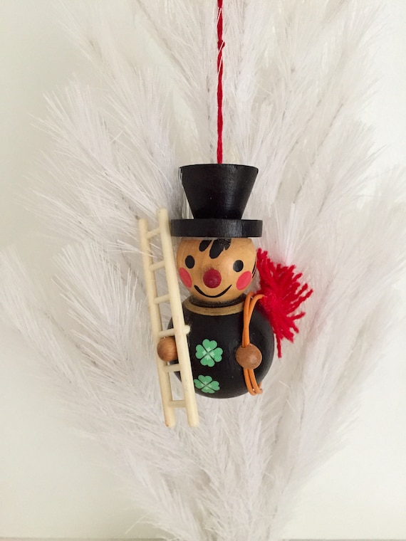 Vintage Wooden Christmas Ornament of Chimney Sweep Snowman Dressed in Black with Two Four-Leaf Clovers, German Wooden Ornament