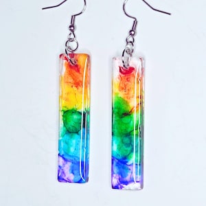 Vibrant Rainbow Dangle Earrings - Resin - Handcrafted