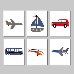 Transport decor transport muur kunst transport kinderkamer kunst transport set van 6 prints of canvas kunst auto vliegtuig boot bus