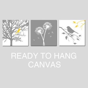 Bird Canvas Art, Dandelion Canvas Art, Yellow and Gray Canvas Art, Nature Canvas Art, Bird in a Tree Canvas, Set of 3 Bird Canvas Prints