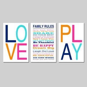 Family Rules LOVE PLAY Wall Art Playroom Decor, Playroom Rules, House Rules, Kids Wall Art, Set of Three Playroom Prints or Set of 3 Canvas