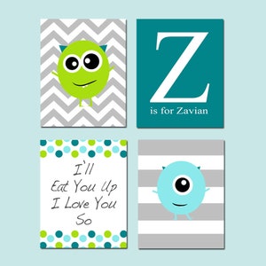 Monster Nursery Art, Personalized Monster Wall Art for Little Boy Room Decor, I&#39;ll Eat You Up I Love You, Set of 4 Monster PRINTS OR CANVAS