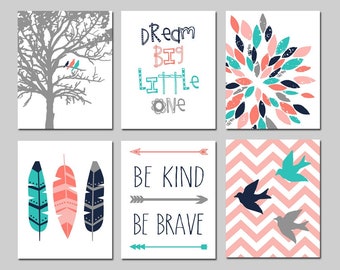 Girl Boho Nursery Art, Bird Nursery Art, Dream Big Little One Nursery Quote, Feathers Flowers Arrows, Set of 6 Boho Nursery PRINTS OR CANVAS