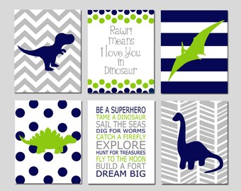 Dinosaur Decor, Dino Wall Art, Dinosaur Nursery Art, Toddler Boy Room Decor, Set of 6 Prints or Canvas
