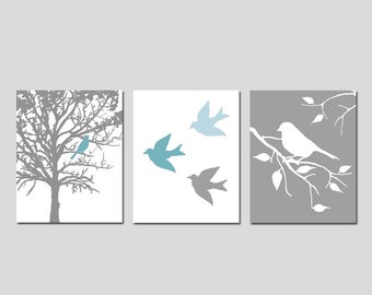 Bird Wall Art - Modern Bird Decor - Set of Three 8x10 Bird Prints - Bird Nursery Art Boy - CHOOSE YOUR COLORS - Shown in Blues and Grays