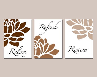 Floral Bathroom Art, Relax Refresh Renew, Flowers Bathroom Decor, Set of 3 Prints or Canvas