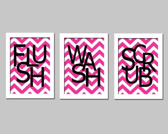 Kids Bathroom Wall Art Print Set - Pick THREE 5x7 Chevron Prints - Wash, Brush, Soak, Splish, Splash, Flush, Scrub - Choose Your Colors