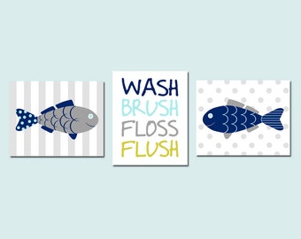 Fish Bathroom Decor Fish Bathroom Art Fish Wall Art Kids Bathroom Decor Kids Bathroom Art Wash Brush Floss Flush Bathroom Sign Set of 3