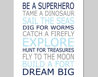 Be a Superhero Quote, Be A Superhero Tame A Dinosaur, Playroom Rules Print, Baby Boy Nursery Art Quote, Superhero Print or Canvas Art Print