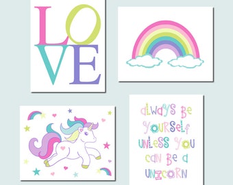 Unicorn Nursery Art, Unicorn Rainbow Decor for Young Girl Room Decor, Unicorn Pictures, Unicorn Bedroom, Set of 4 Unicorn PRINTS OR CANVAS