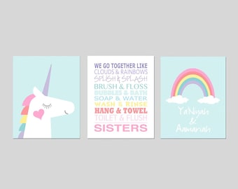 Unicorn Bathroom Art Sisters Bathroom Decor Sisters Bathroom Art Unicorn Bathroom Decor Unicorn Rainbow Bathroom, Set of 3 Prints or Canvas