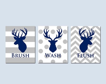 Deer Bathroom Art for Kids, Boys Bathroom Decor, Deer Bathroom Decor, Set of 3 Brush Wash Flush Bathroom Prints or Canvas, Boys Bathroom Art