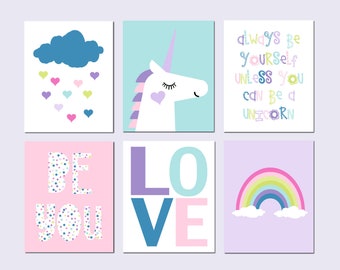 Unicorn Room Decor, Rainbow Wall Art, Girls Bedroom Decor Quotes, Set of 6 Prints or Canvas