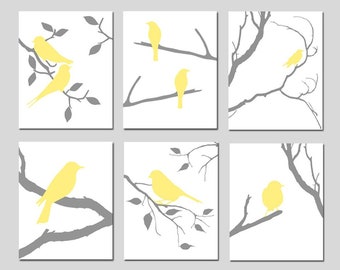 Bird Wall Art, Set of 6 Bird Prints or Bird Canvas Art, Bird Decor, Bird Bedroom Art Nature Wall Art Yellow and Grey - CHOOSE YOUR COLORS