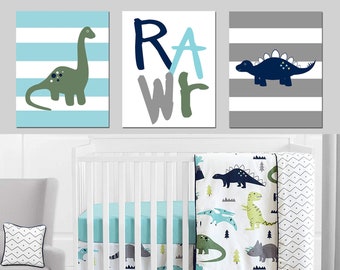 3 Modern Dinosaur Personalised Prints Dinos Nursery Wall Art Decor Boys Pictures