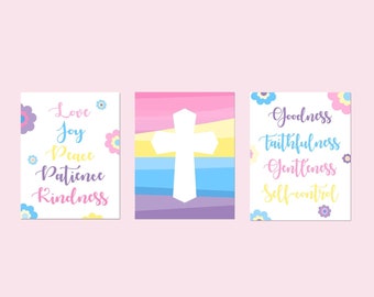 Fruits of The Spirit Art, Spiritual Girl Room Decor, Religious Art for Kids, Tween Girl Decor, Colorful Cross Art, Set of 3 PRINTS OR CANVAS