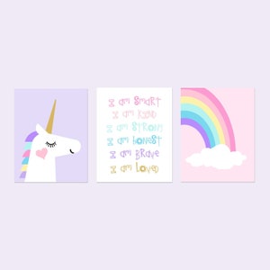 Unicorn and Rainbow Decor for Girls Bedroom Wall Art, Unicorn Art, Inspiring Quotes for Girl Room Decor, Set of 3 Unicorn Prints OR Canvas