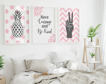 Teen Girl Room Decor, Modern Wall Art for Girl, Pineapple Print, Tween Room Decor, Peace Sign Art, Quote for Girl, Set of 3 Prints or Canvas