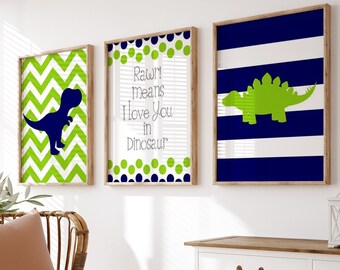 Dinosaur Nursery Art Baby Boy Nursery, Rawr Means I Love You in Dinosaur Quote, Chevron Dinosaur Art, Set of Three Dinosaur PRINTS OR CANVAS