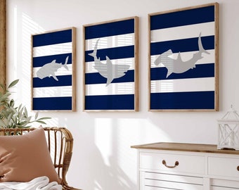 Shark Wall Art, Toddler Boys Bedroom Decor, Shark Nursery Art, Set of 3 PRINTS OR CANVAS