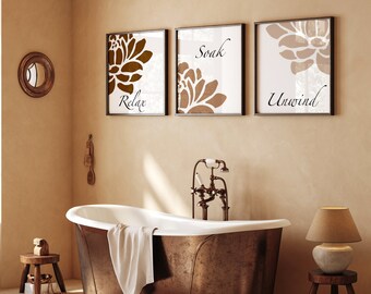Floral Bathroom Art - Relax Soak Unwind - Flower Bathroom Art - Set of Three Bathroom Prints or Bathroom Canvas Art - Floral Bathroom Decor