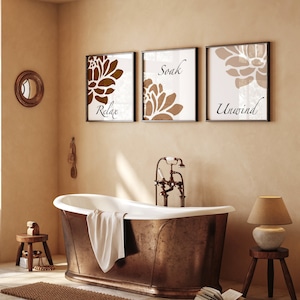 Floral Bathroom Art - Relax Soak Unwind - Flower Bathroom Art - Set of Three Bathroom Prints or Bathroom Canvas Art - Floral Bathroom Decor