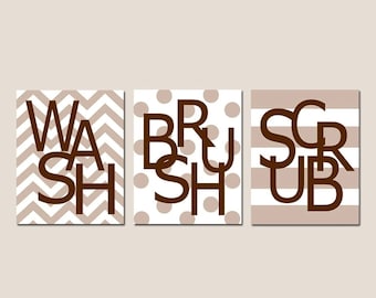 Bathroom Wall Art for Kids Bathroom Decor, Children's Bathroom Art Set of 3 Kids Bathroom Prints or Canvas, Wash Brush Scrub Bathroom Signs