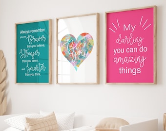 Quotes for Girls Room Decor, Sophisticated Girls Decor, Tween Girl Bedroom Wall Art Teal, Modern Heart Art, Set of 3 Heart PRINTS OR CANVAS