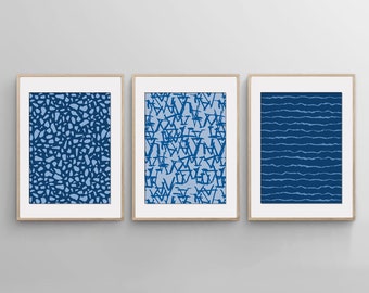 Blue Wall Art Modern, Blue Textile Art Prints, Geometric Wall Art Blue, Modern Wall Art, Blue Abstract Wall Art, Set of 3 PRINTS OR CANVAS